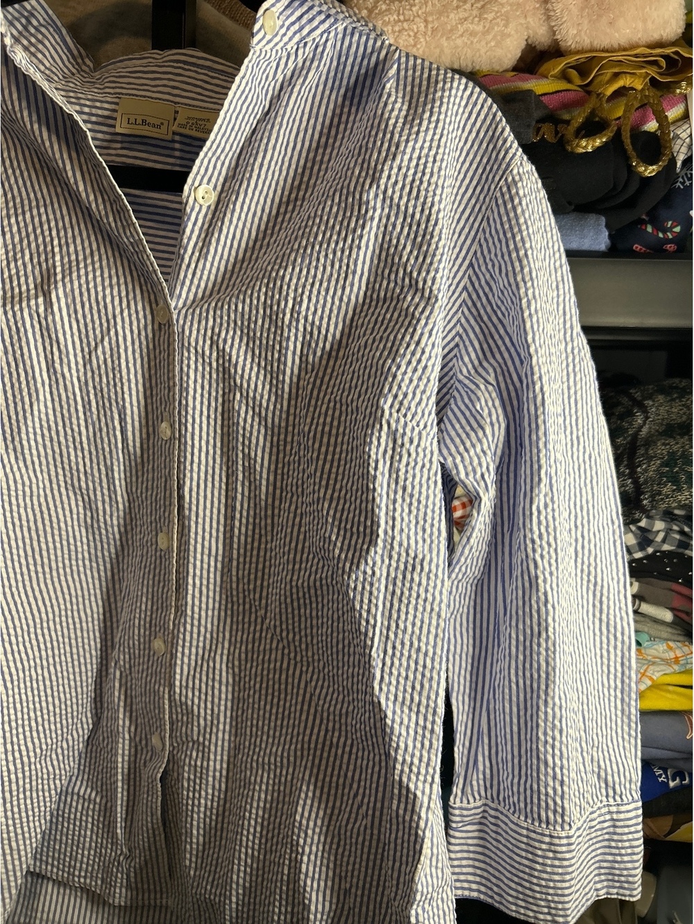 L.L.Bean Women's Blue and White Striped Cotton Button-Up Shirt Large